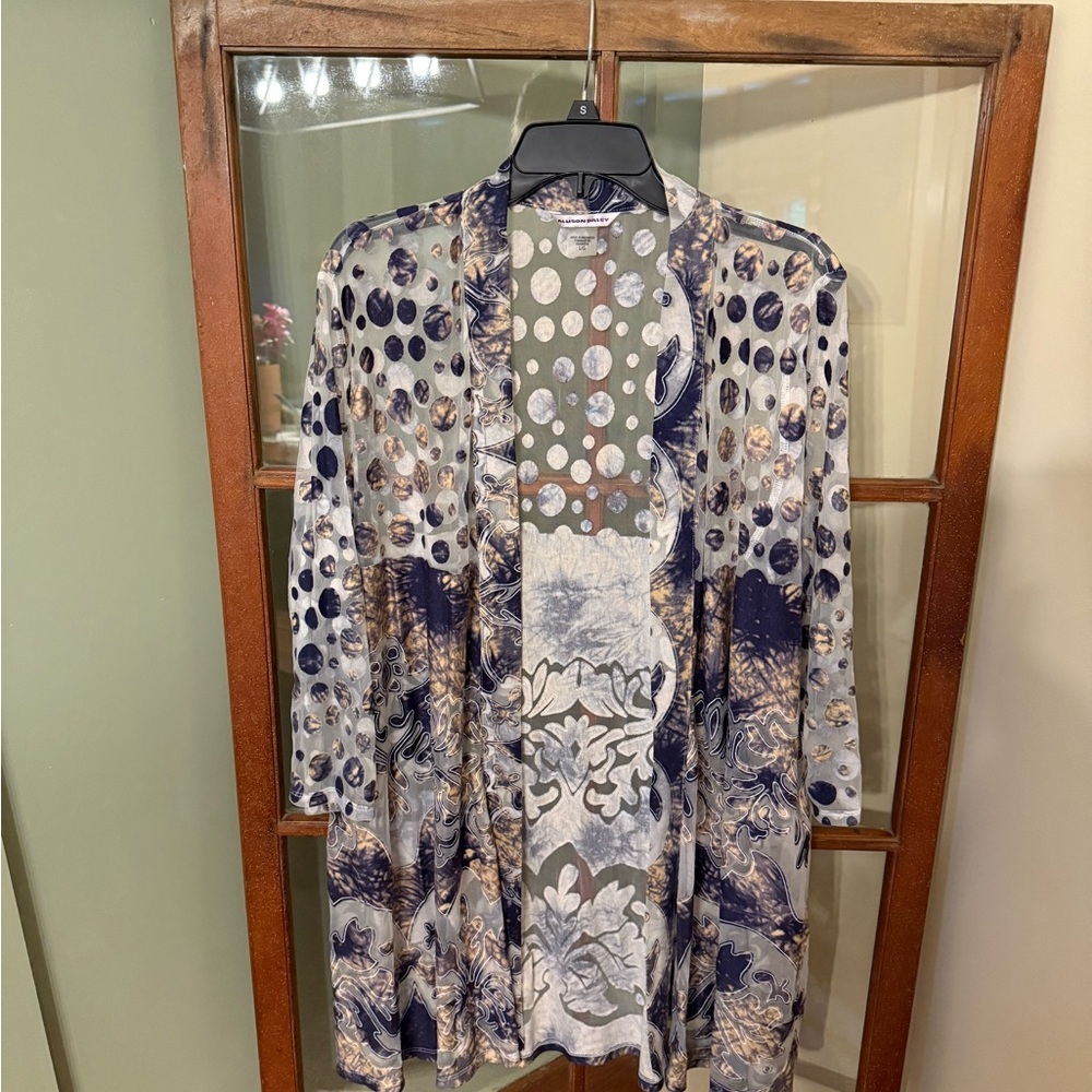 Allison Daley Sheer Kimono Cardigan Blue Gray Abstract Polka Dot Print | Size L